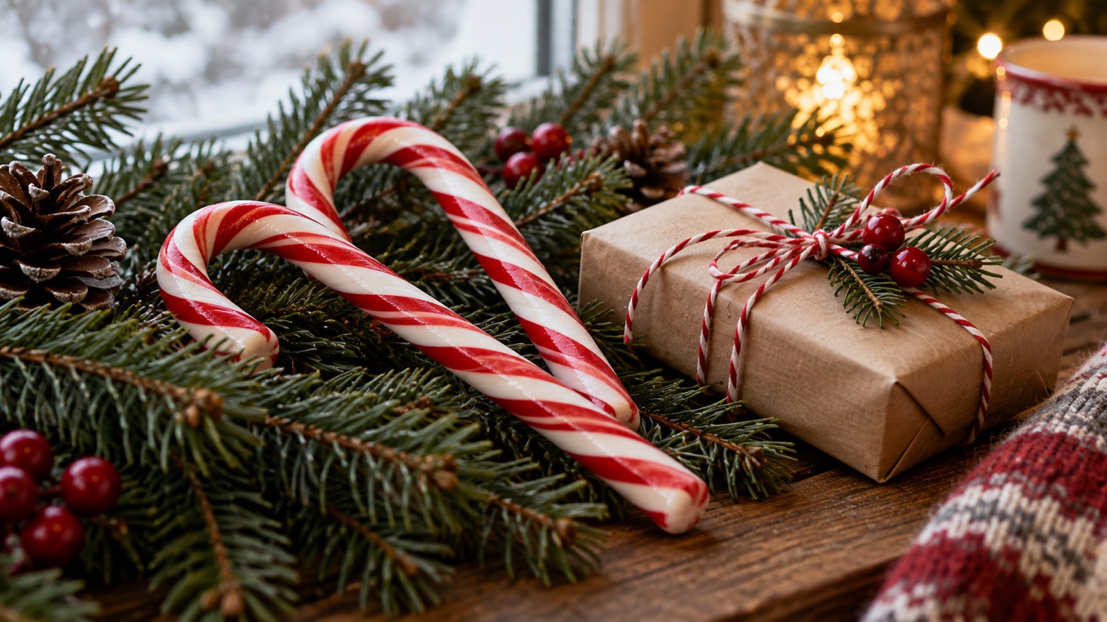 Striped candy canes beside evergreen branches and a wrapped holiday gift