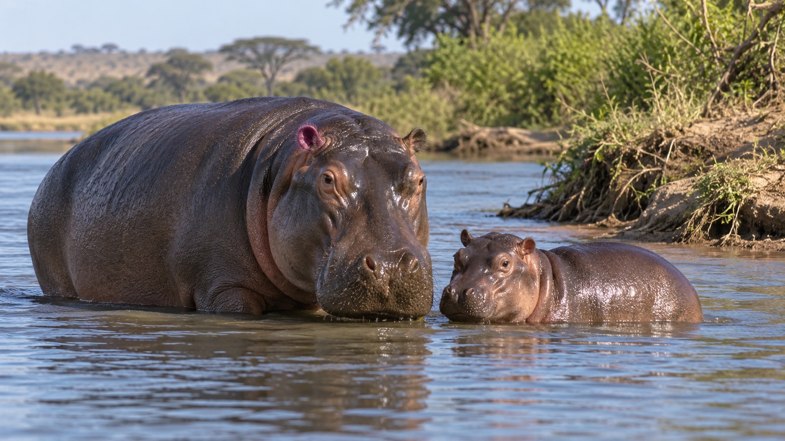 Hippopotamus mother and calf in shallow water