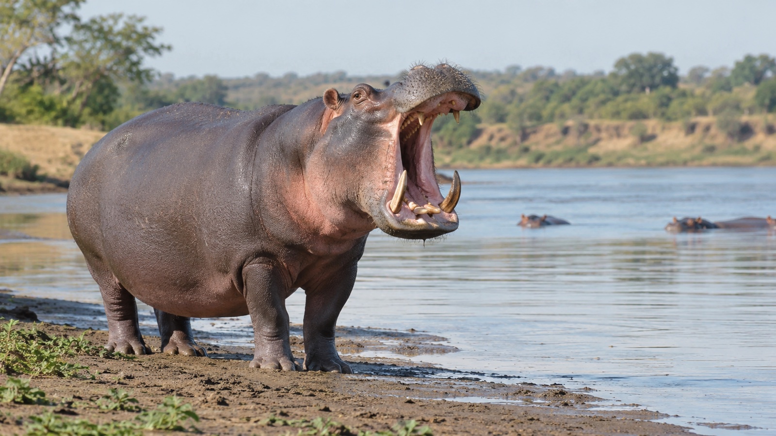 Hippopotamus displaying its large teeth on a riverbank