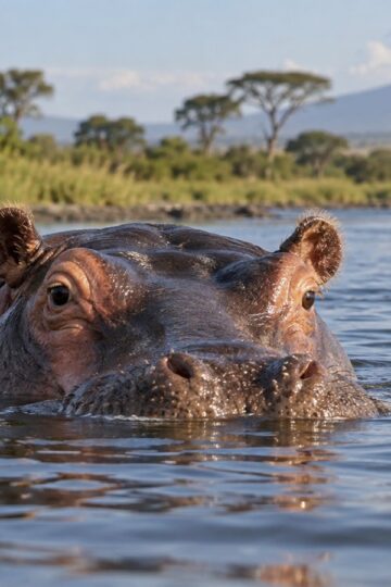 Hippopotamus partly submerged in an African river
