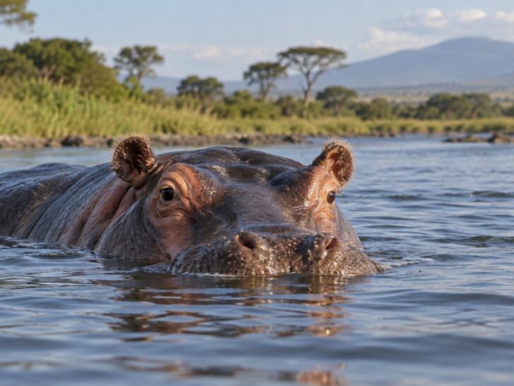 Hippopotamus partly submerged in an African river