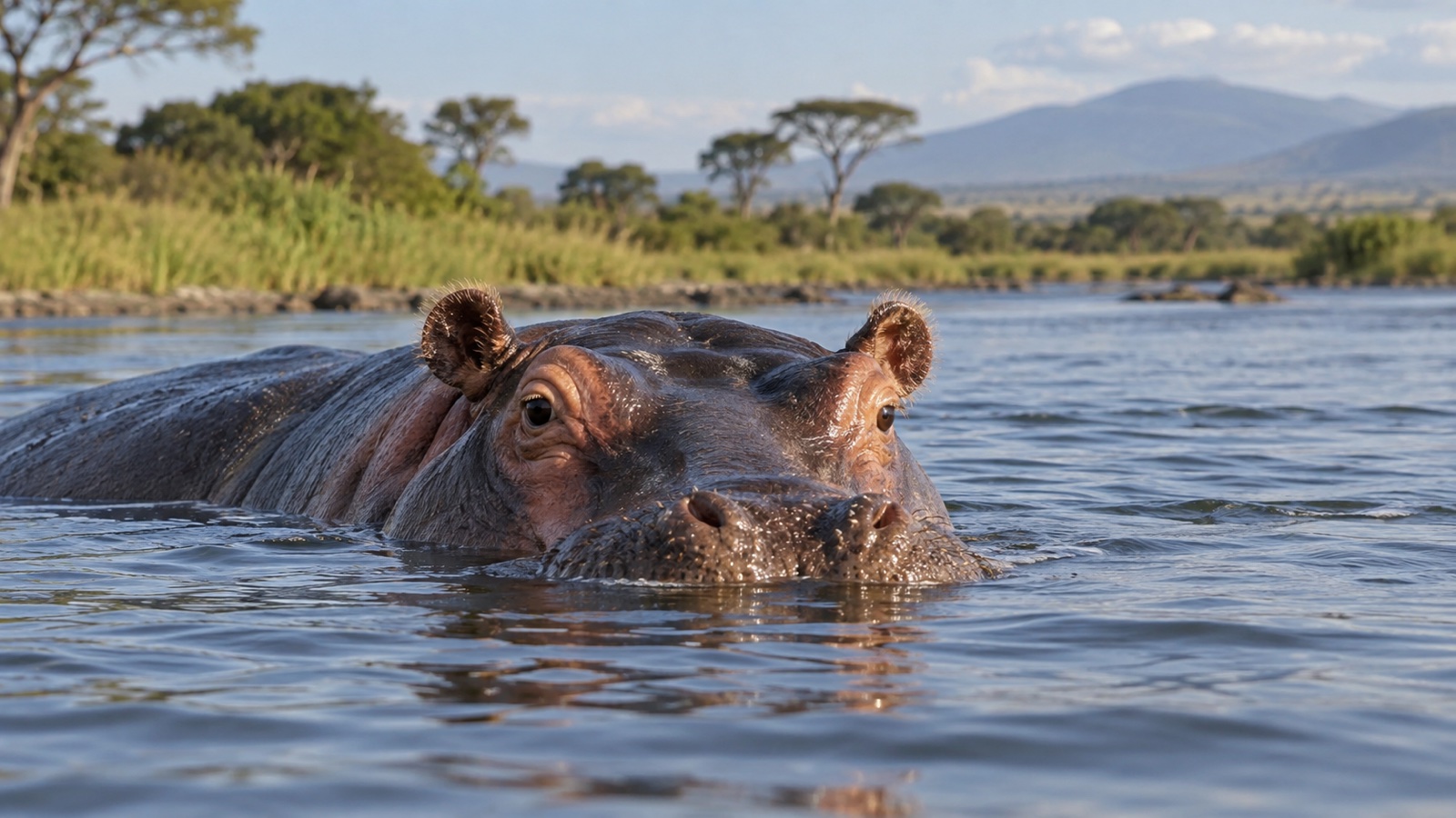 Hippopotamus partly submerged in an African river