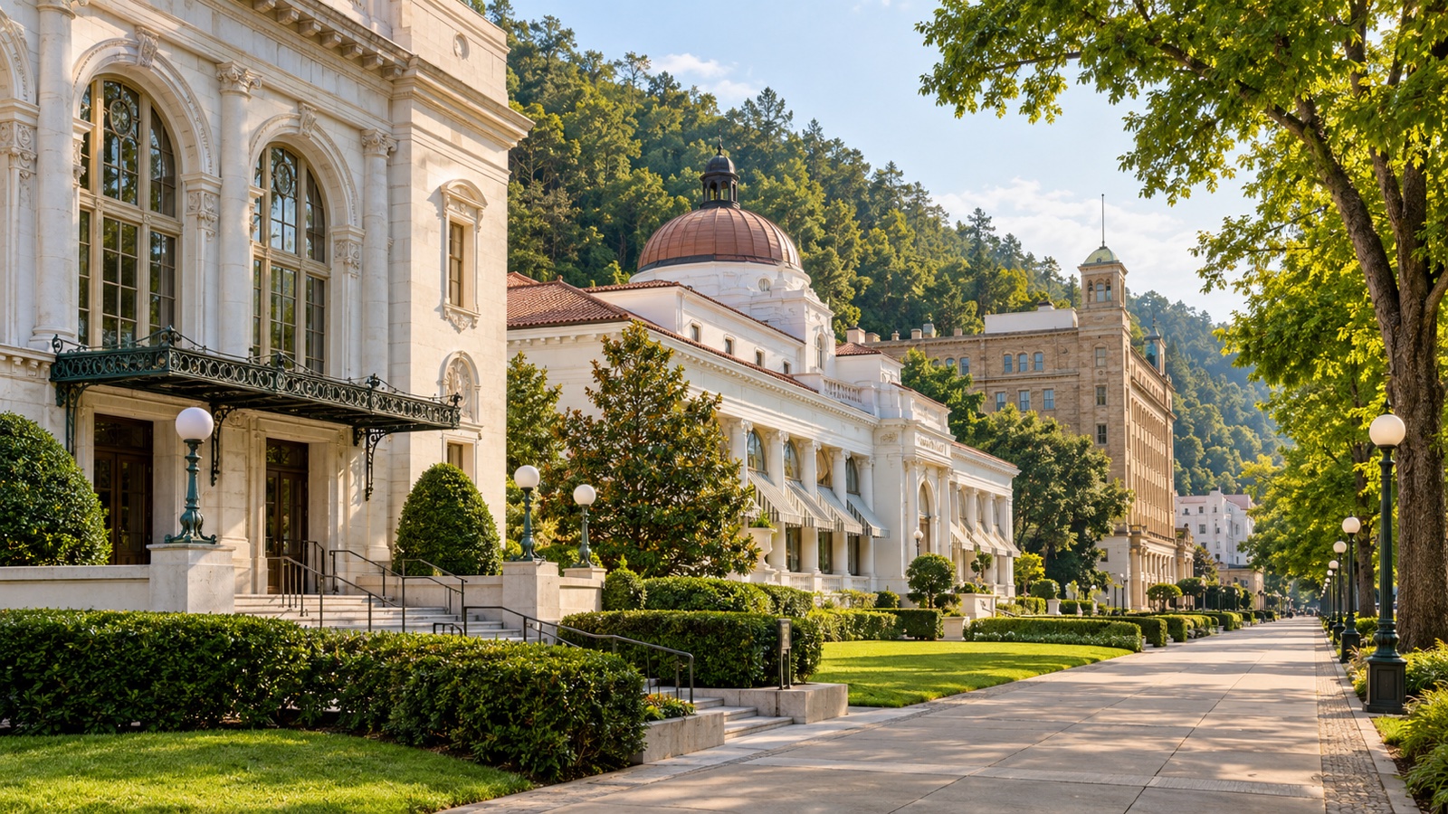 Historic bathhouses along Bathhouse Row in Hot Springs, Arkansas