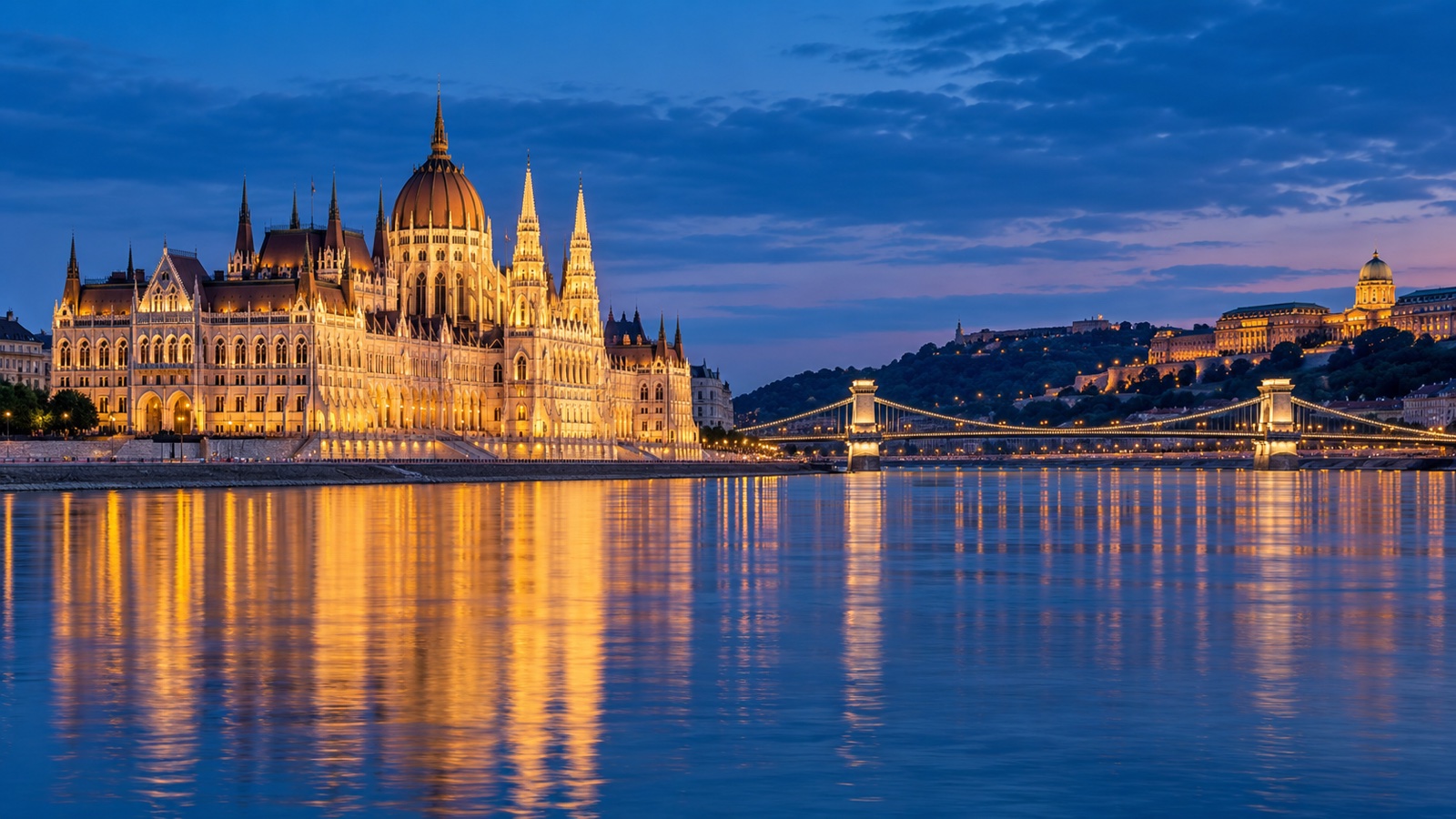 Hungarian Parliament and Chain Bridge beside the Danube