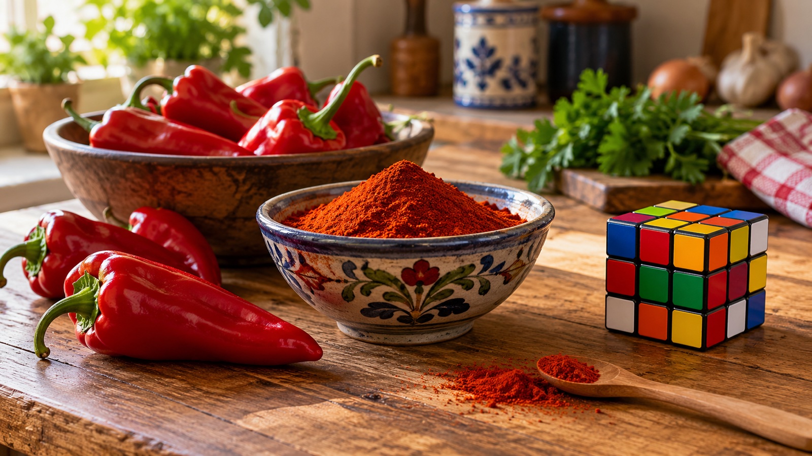 Hungarian paprika peppers beside a colorful cube puzzle