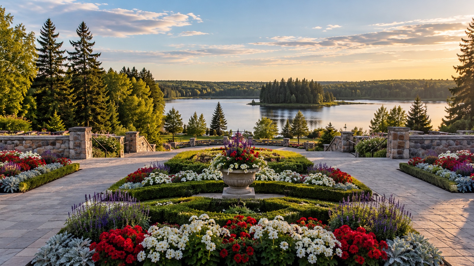 Flower beds and lake at the International Peace Garden