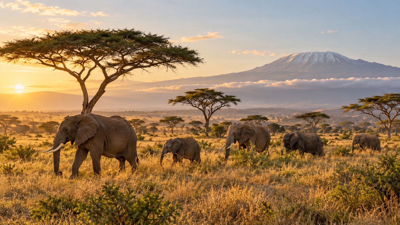 Elephants beneath acacia trees on the Kenyan savanna