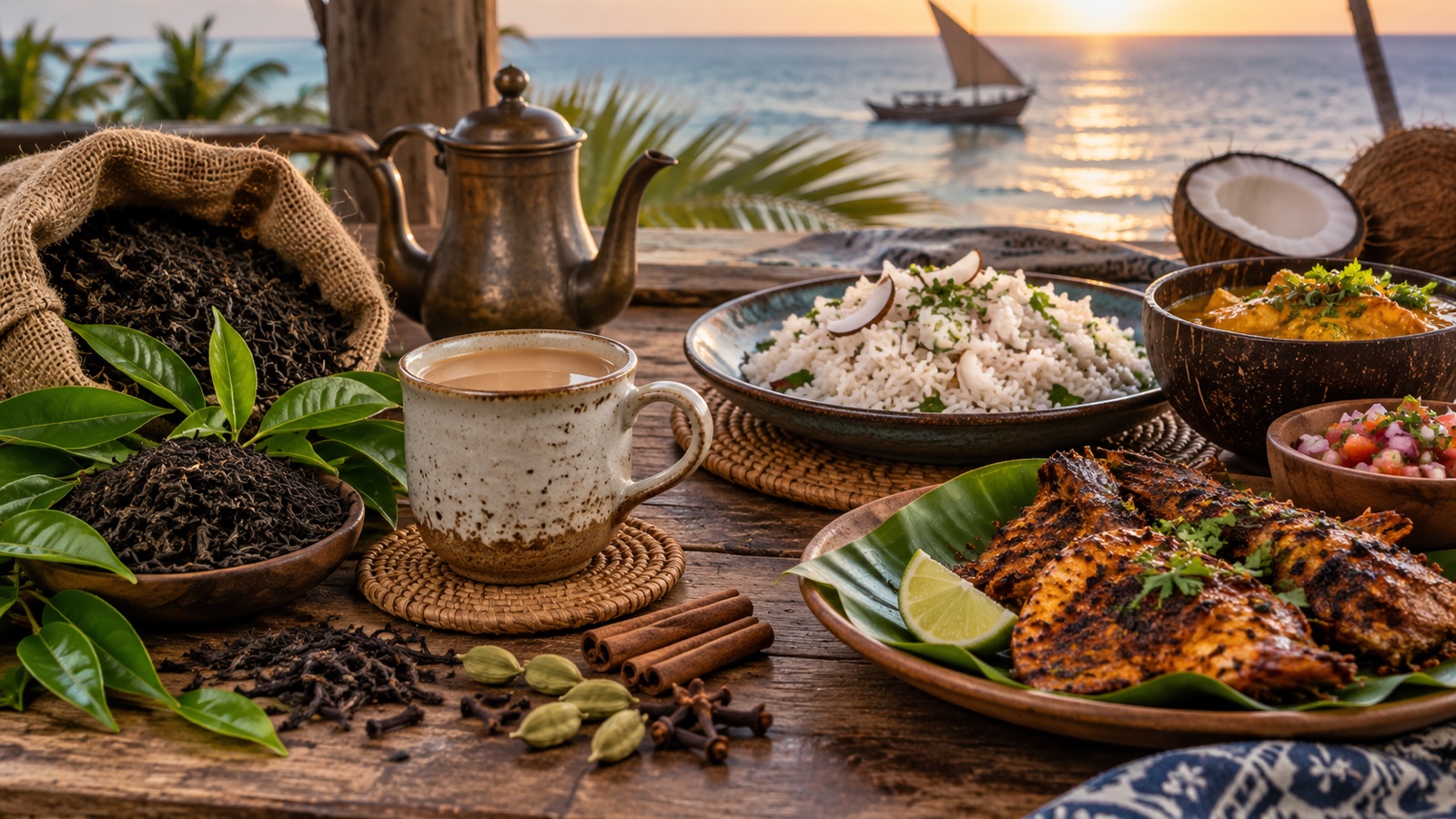 Kenyan tea and coastal food on a table