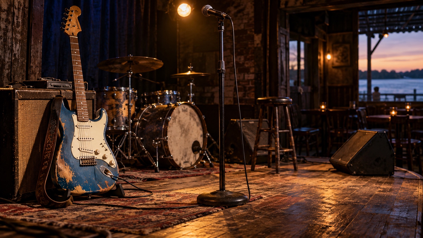 Blues guitar and microphone on an empty Mississippi Delta stage