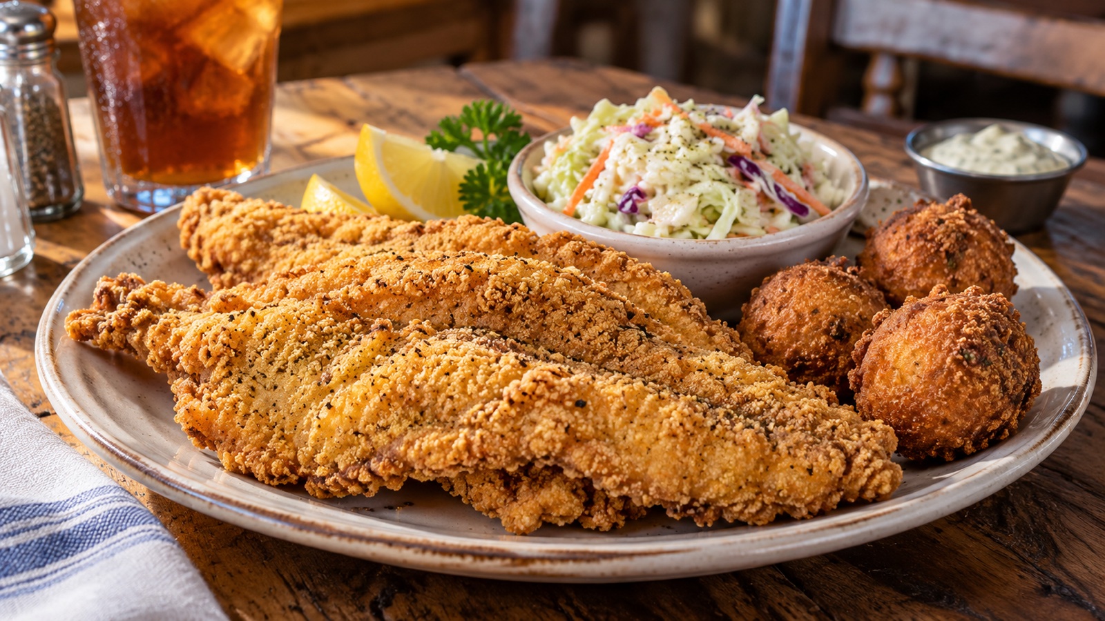 Fried catfish, hushpuppies and slaw on a Mississippi-style plate