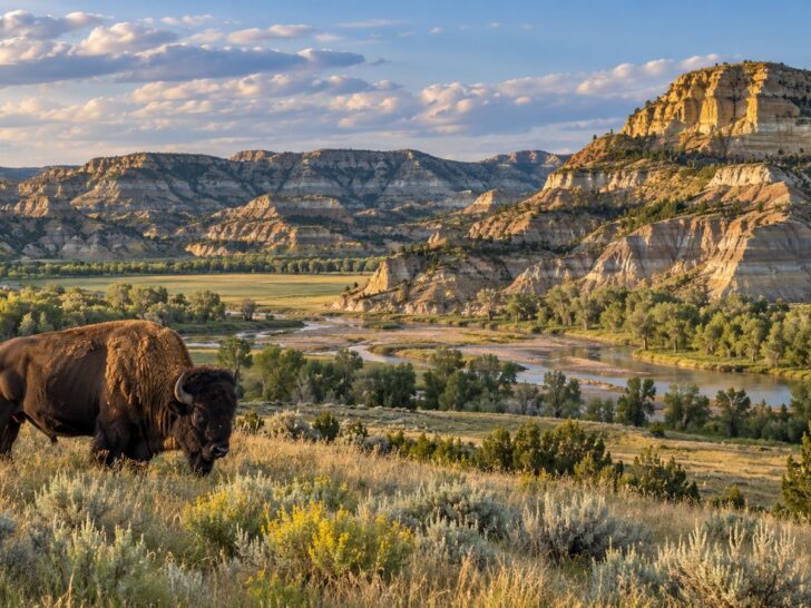 Bison among the layered North Dakota badlands