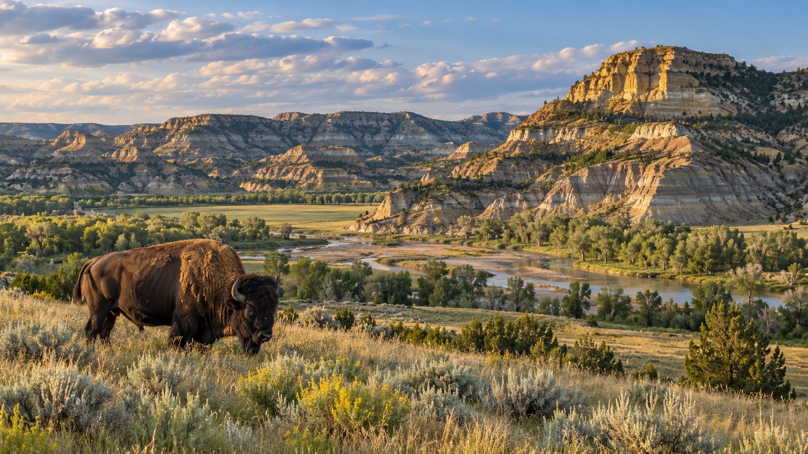 Bison among the layered North Dakota badlands