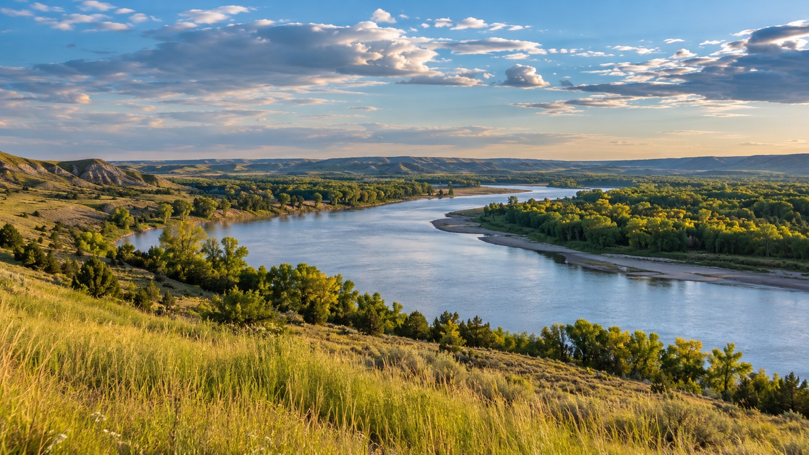 Missouri River winding through North Dakota grassland
