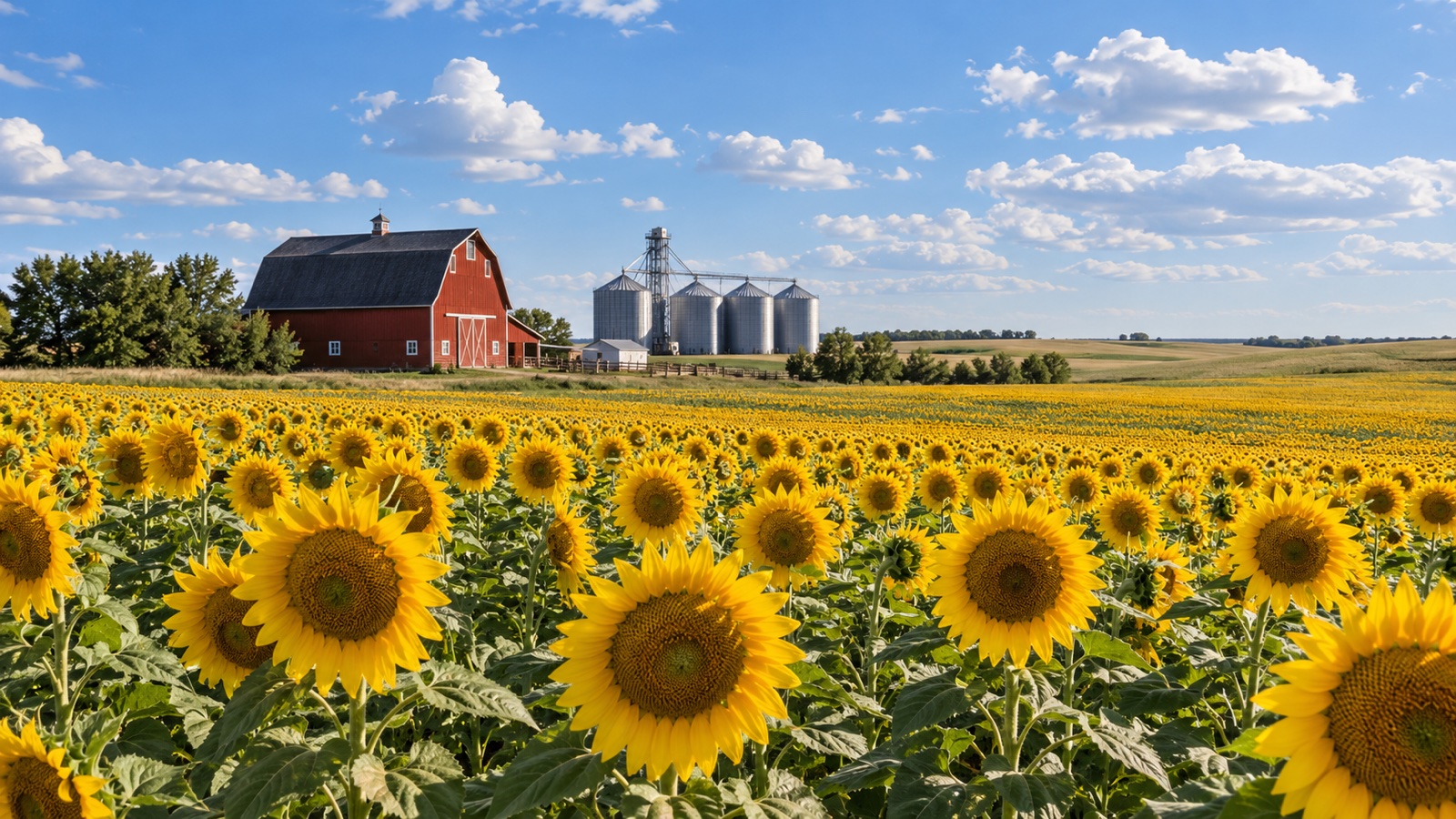Sunflower field, barn and grain silos in North Dakota