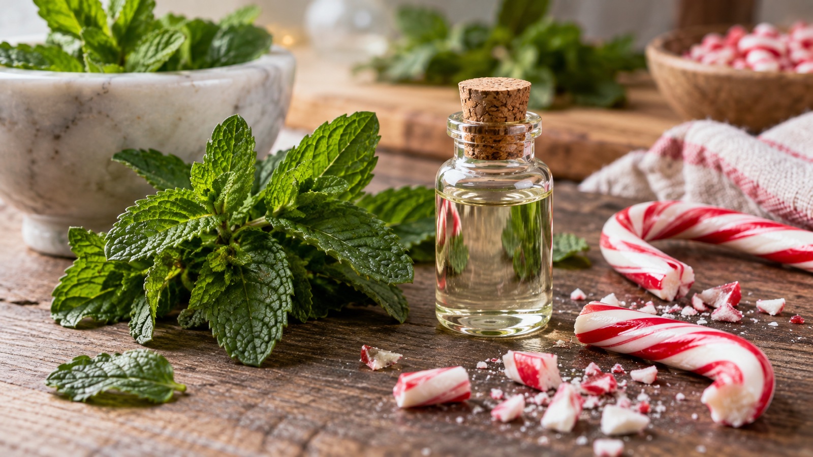 Peppermint leaves, candy canes and peppermint oil on a kitchen table