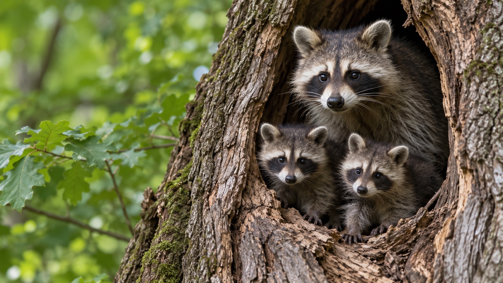 Mother raccoon and kits at a tree hollow