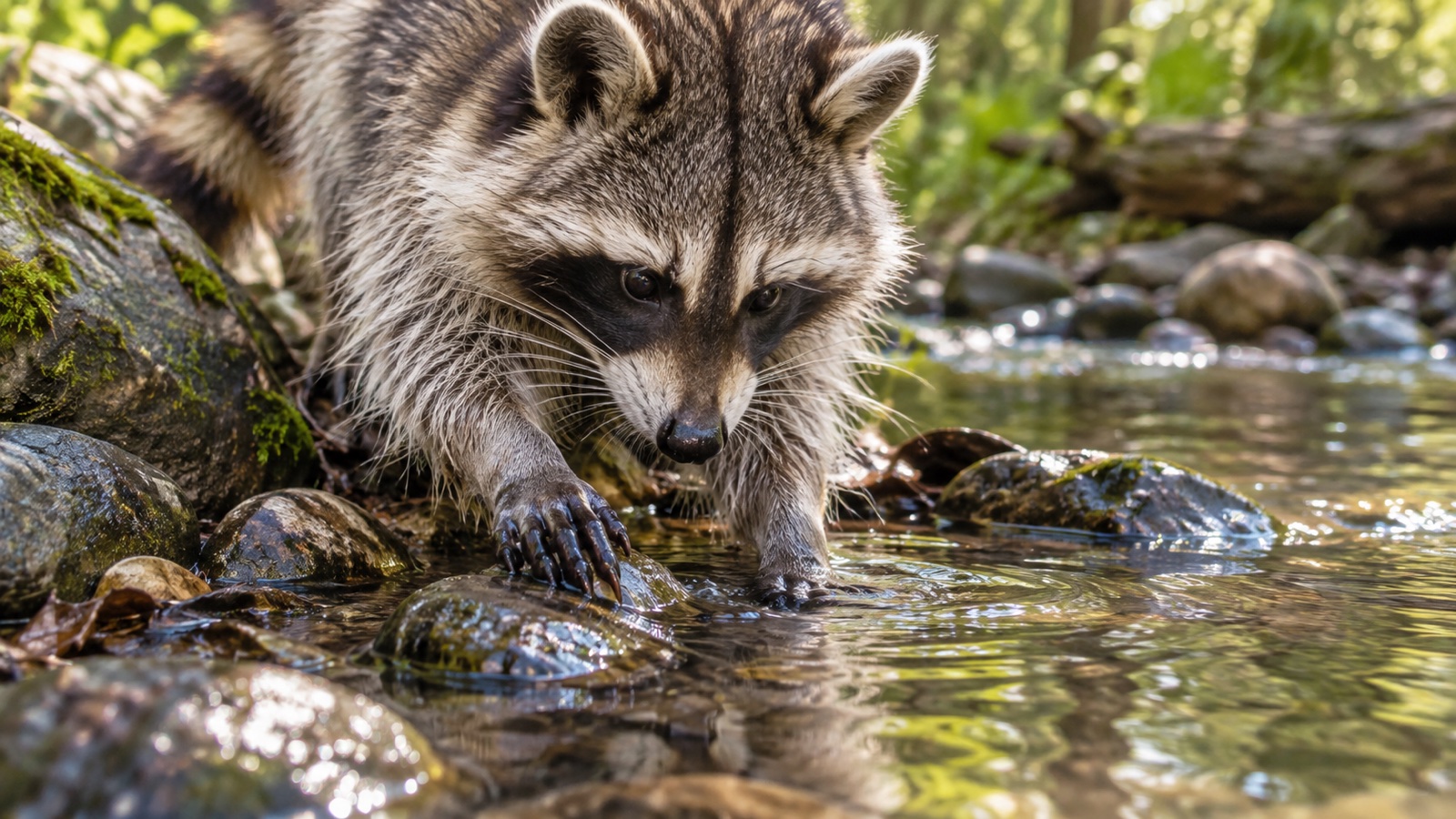 Raccoon using its front paws at the edge of a stream