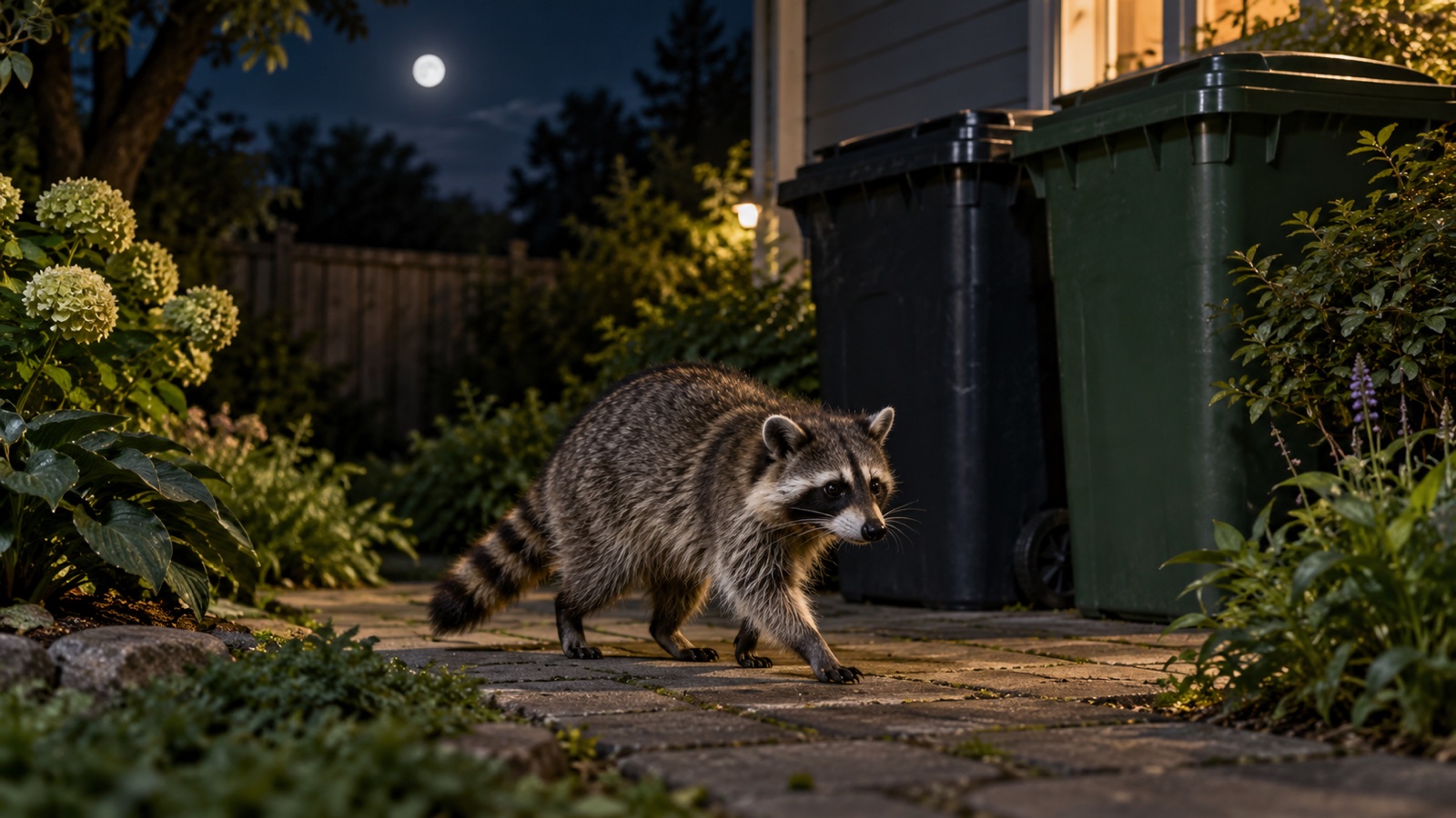 Raccoon in a quiet garden near closed trash bins at night