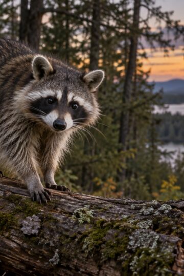 Raccoon perched on a fallen tree in woodland