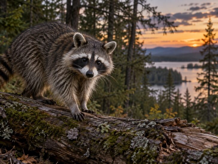 Raccoon perched on a fallen tree in woodland