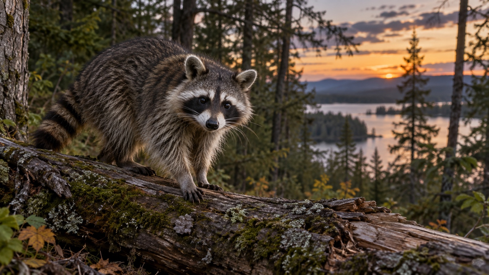 Raccoon perched on a fallen tree in woodland