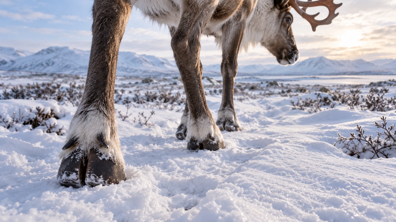 Broad reindeer hooves walking across winter snow