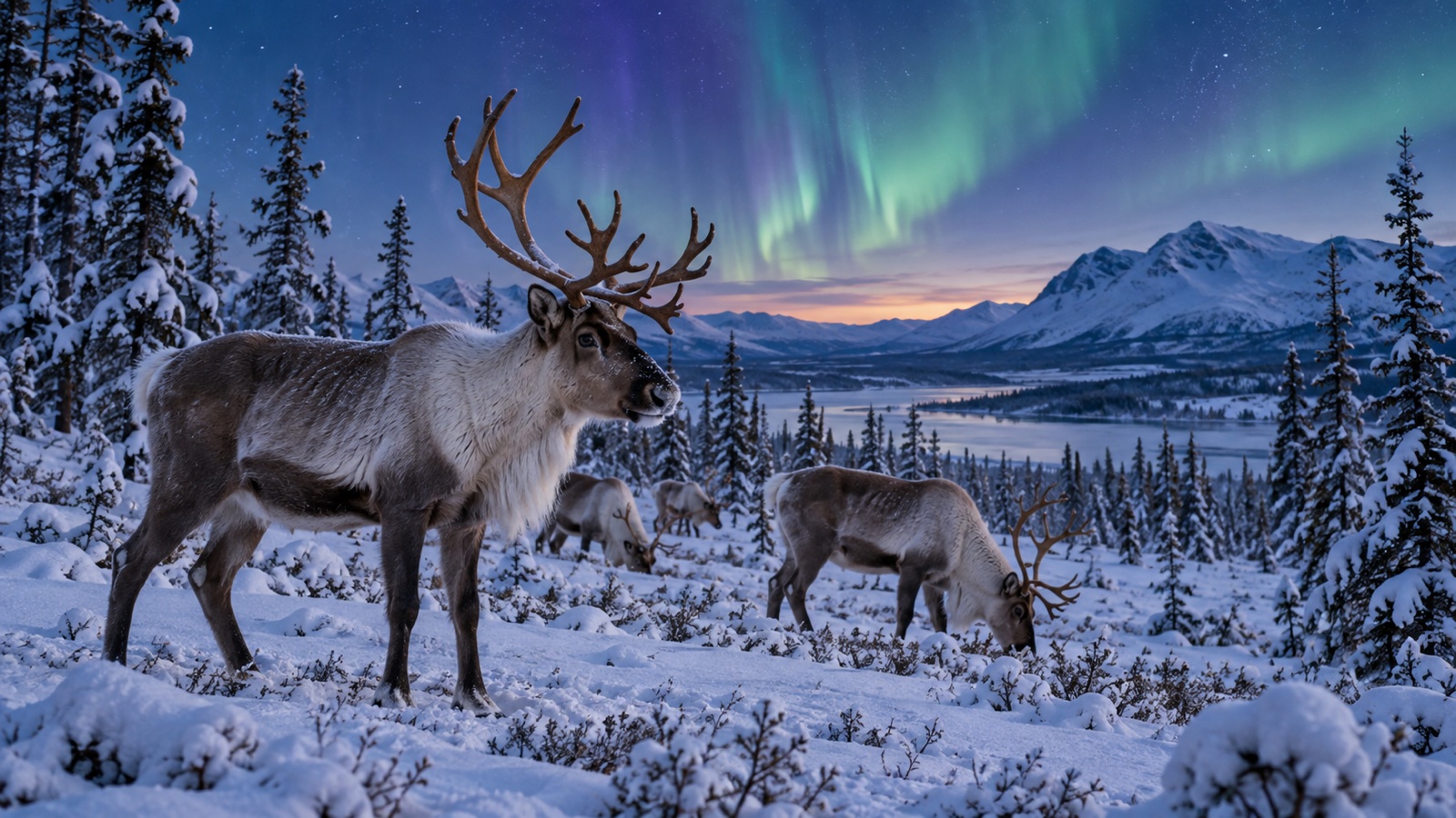 Reindeer in snowy northern forest beneath an aurora