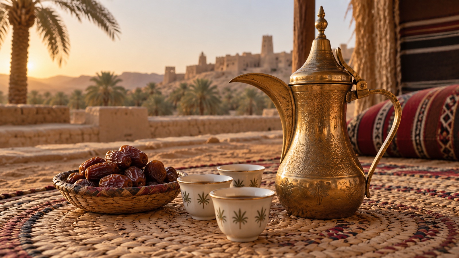 Saudi coffee pot, cups and dates on a woven mat