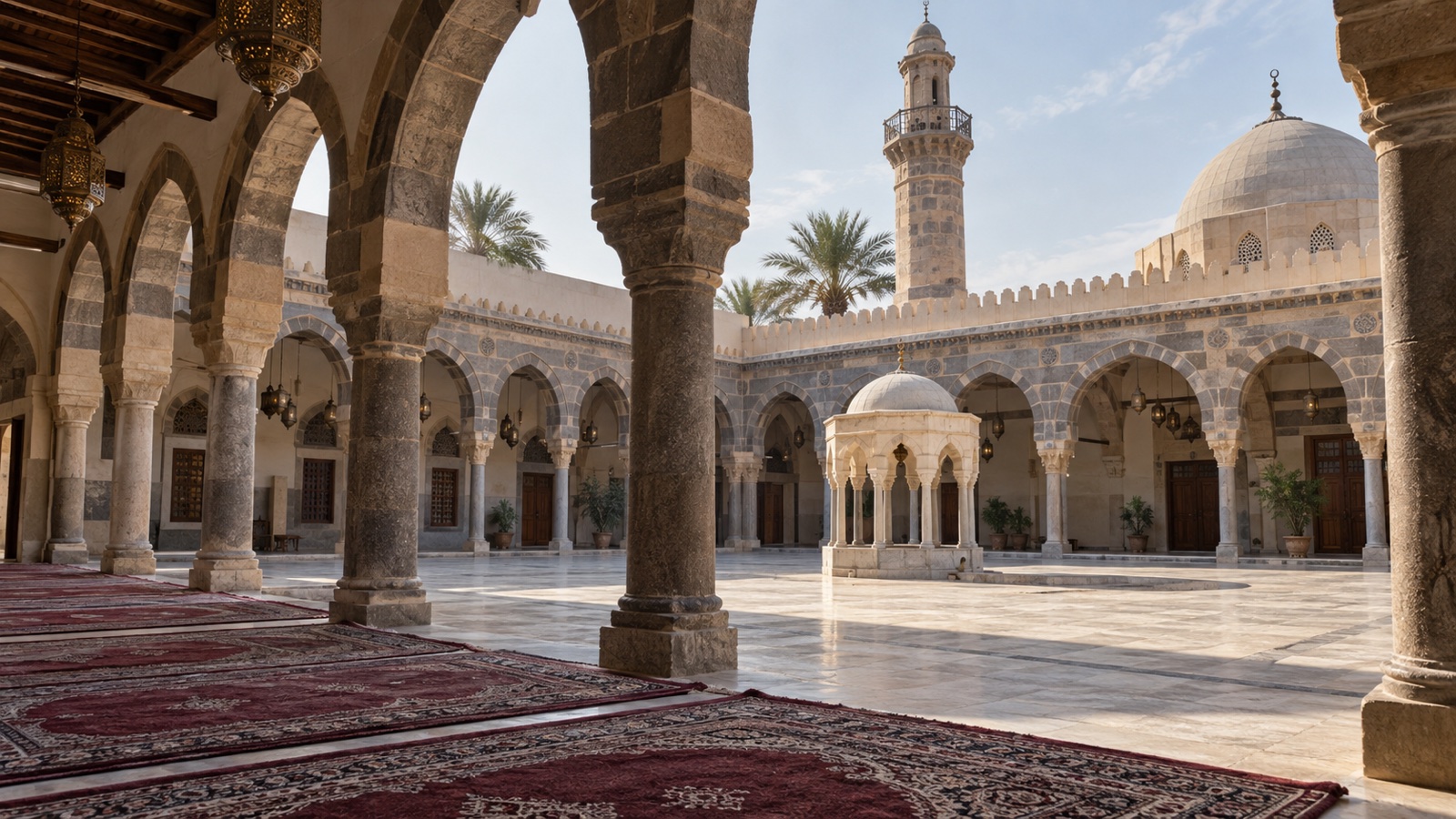Stone arches and prayer rugs in a Saudi mosque courtyard