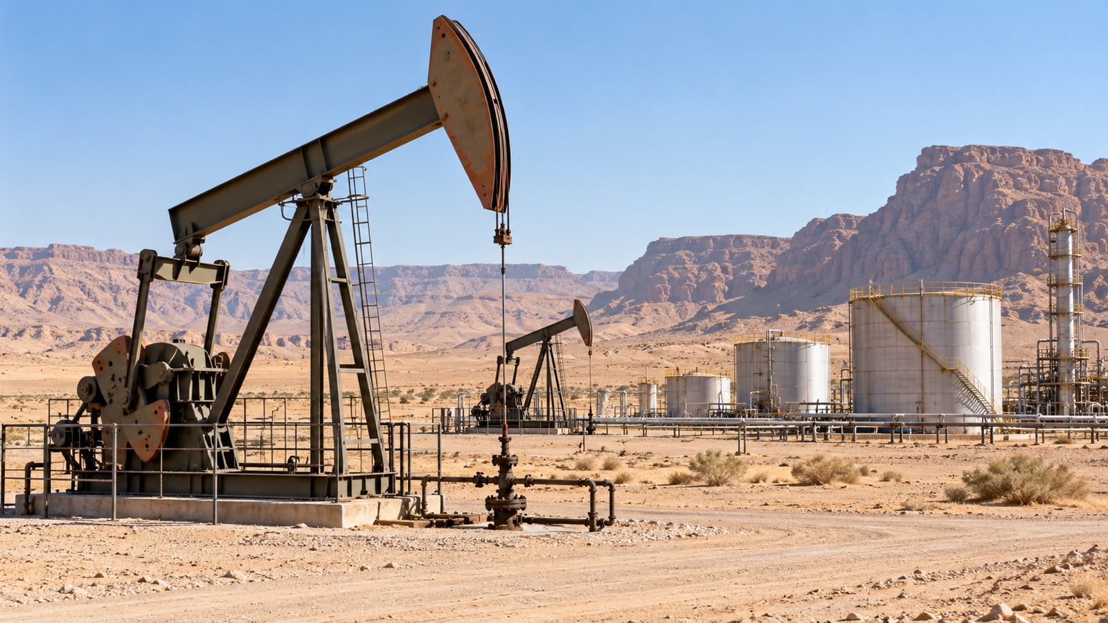 Oil pumpjacks in the Saudi Arabian desert