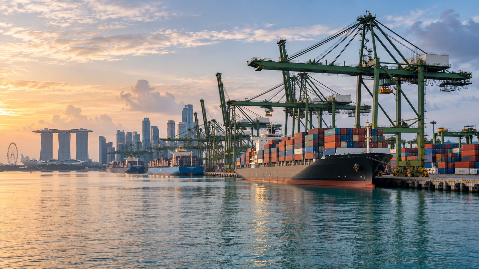 Container ships and cranes at Singapore's busy port