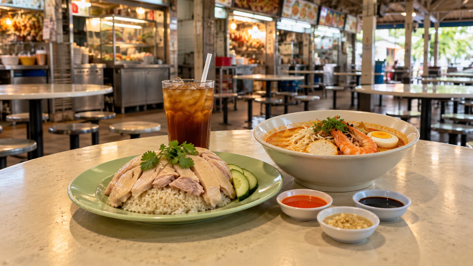 Singapore hawker dishes of chicken rice and laksa on a table