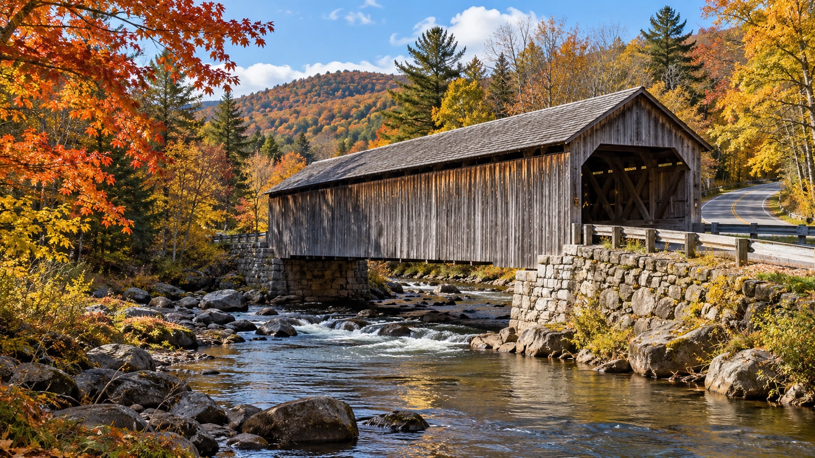 Covered wooden bridge over a Vermont stream