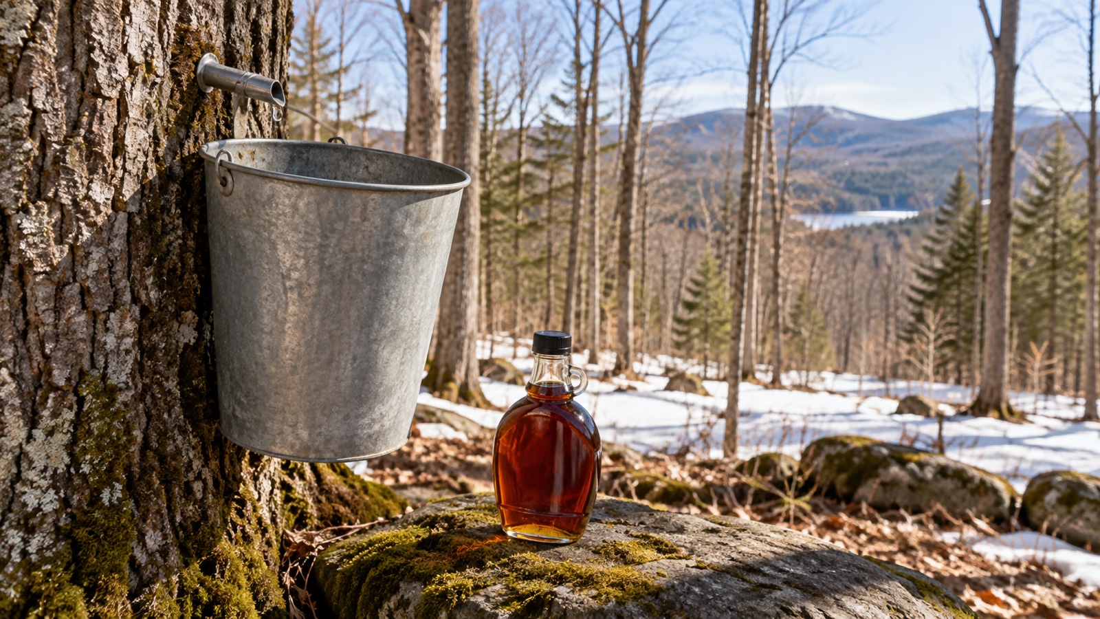 Maple sap bucket and amber syrup in a Vermont sugarbush
