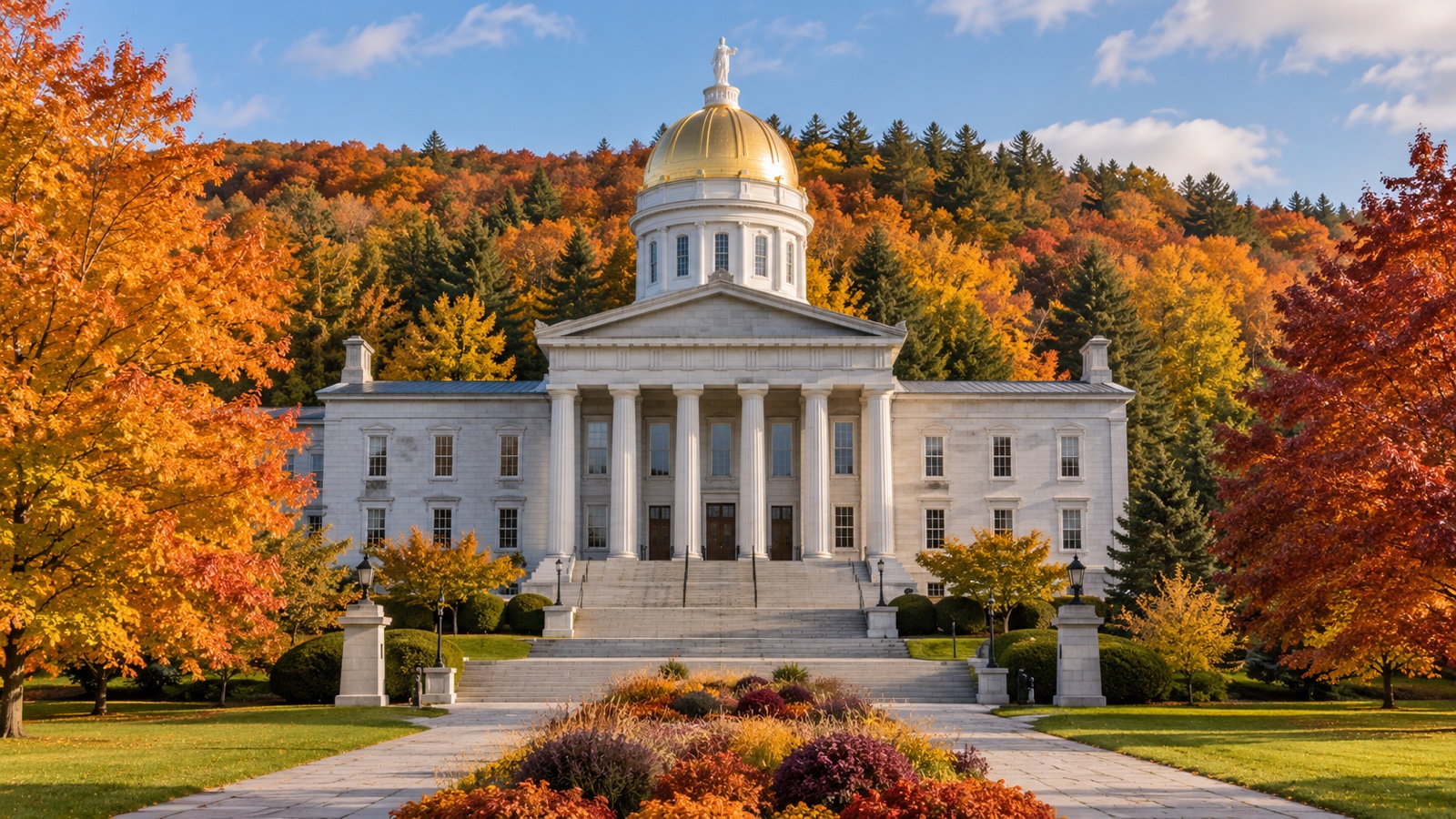 Golden-domed Vermont State House among autumn trees