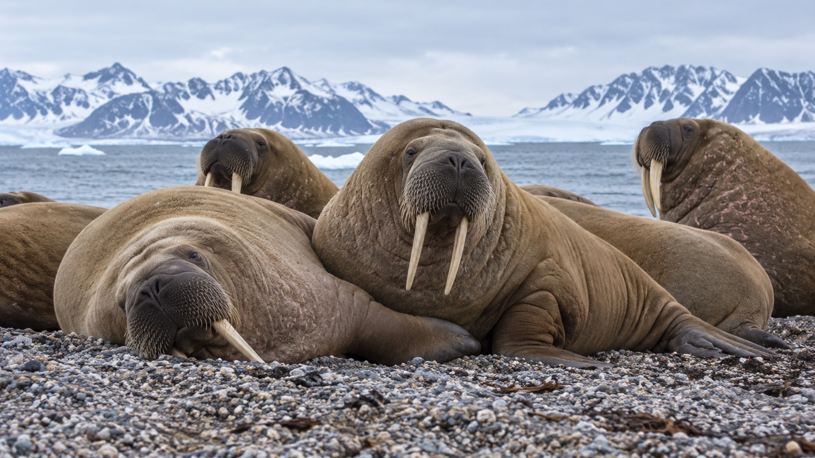 Walrus herd gathered on an Arctic beach
