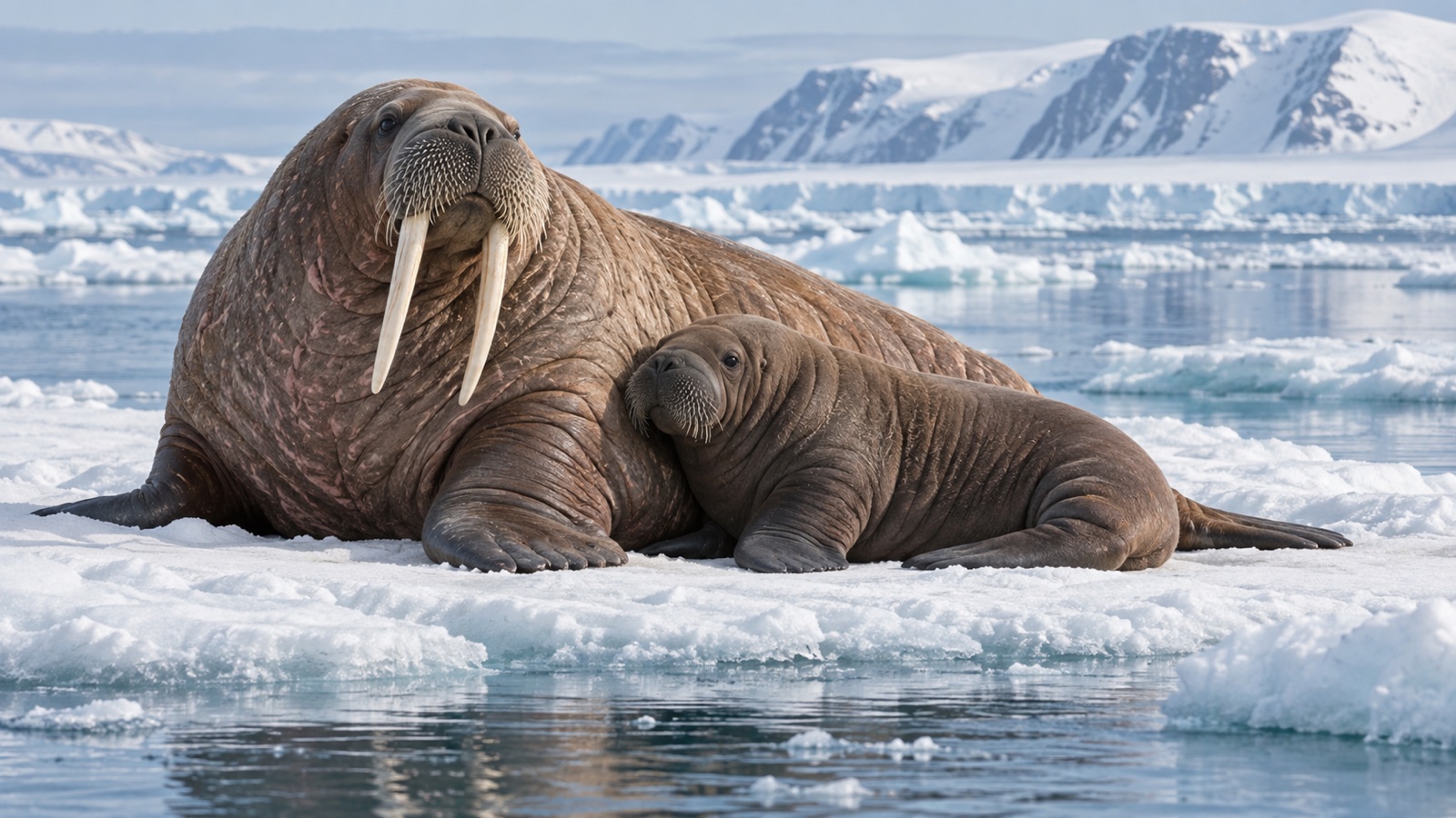 Walrus mother and calf on Arctic sea ice