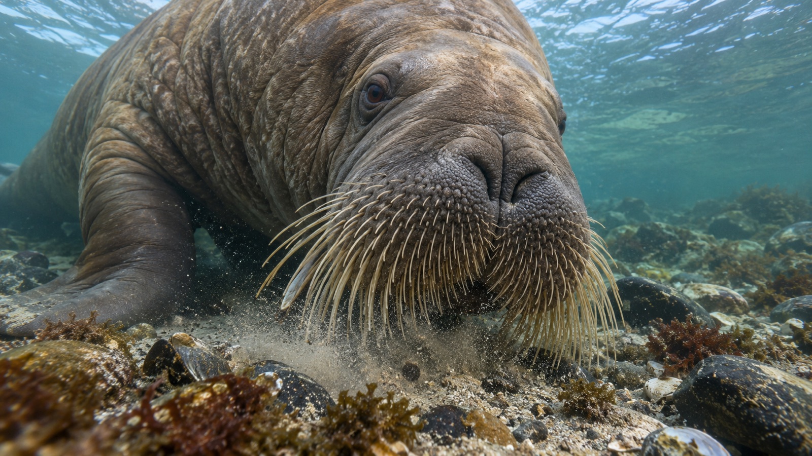 Walrus using dense whiskers in shallow seafloor water