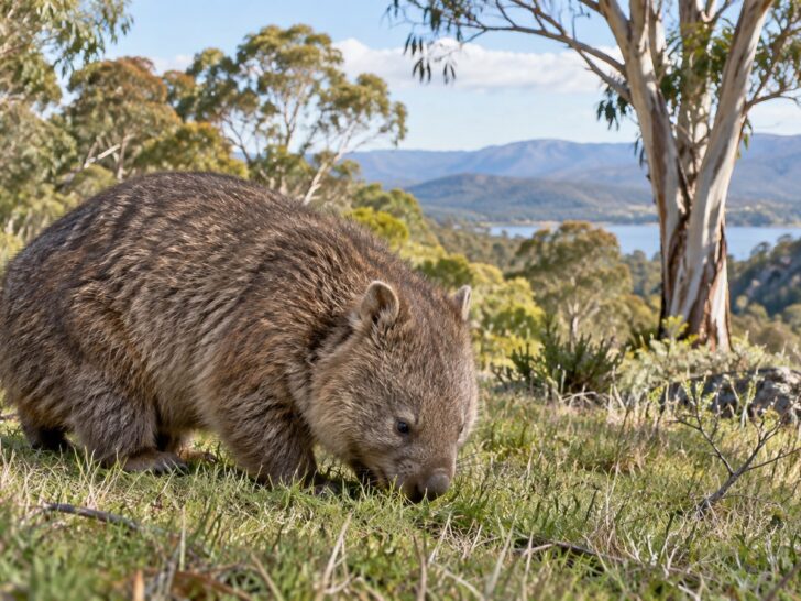 Common wombat grazing in Australian grassland