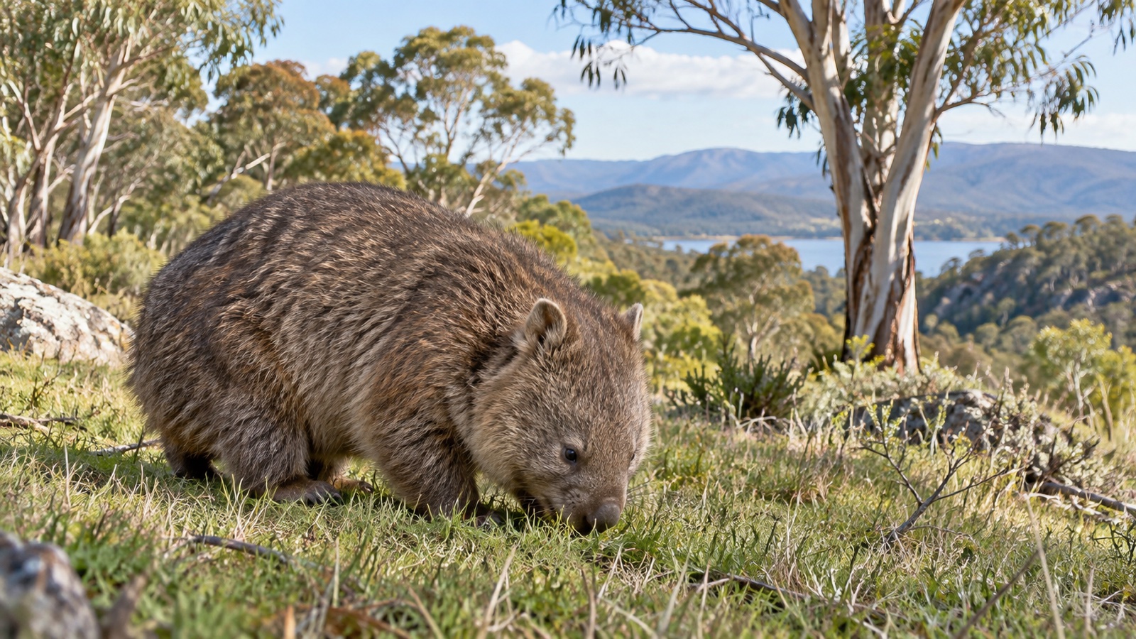 Common wombat grazing in Australian grassland
