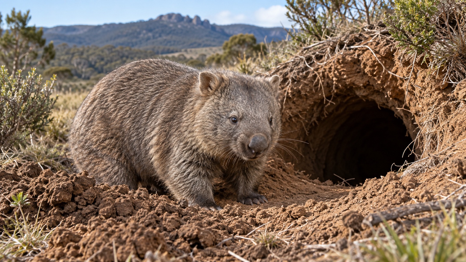 Wombat at the entrance to its burrow