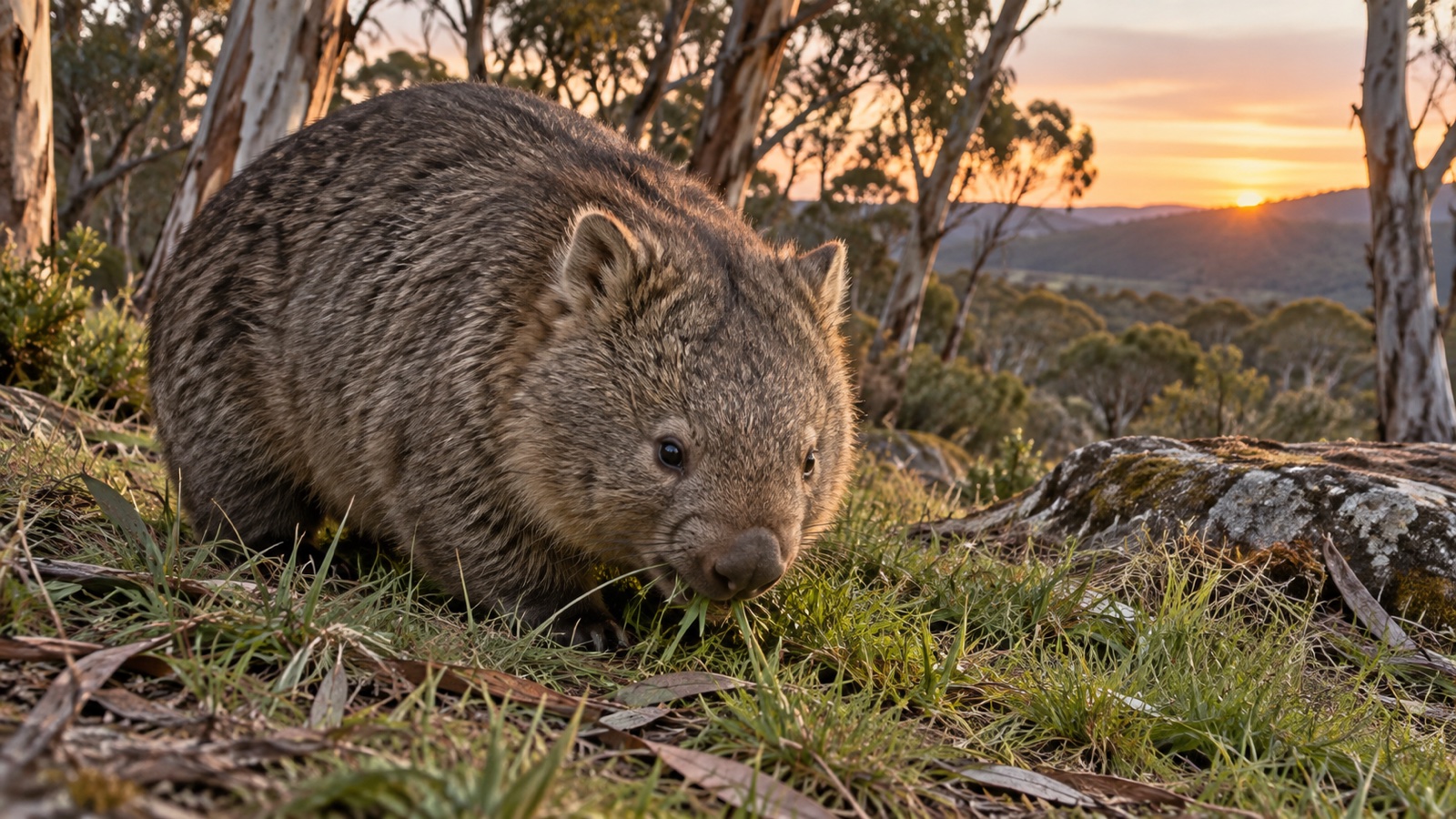 Wombat feeding in eucalyptus woodland