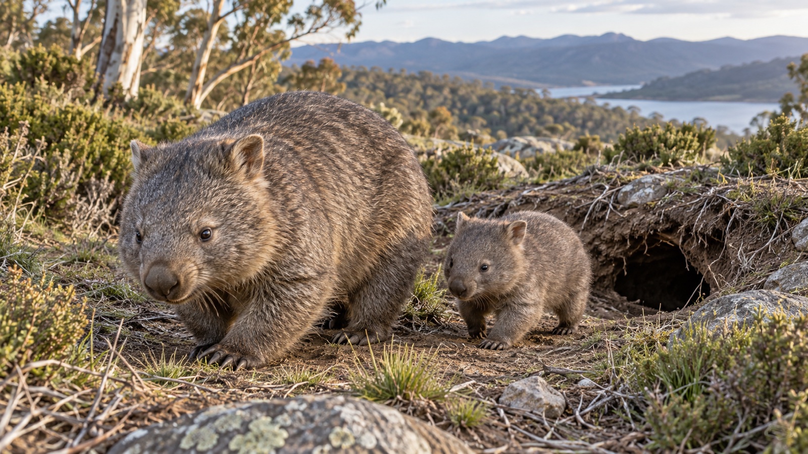 Adult wombat and joey near a burrow